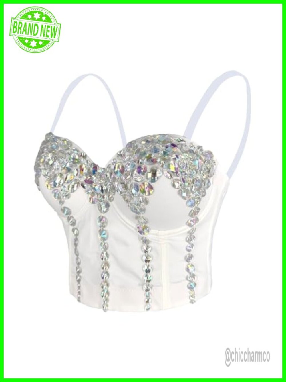 Rhinestone Gem Bustier Corset Top Bra Strapless Adjustable Straps